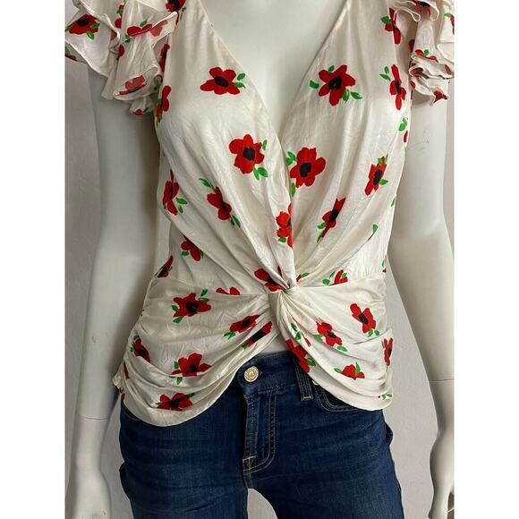 Caroline Constas M Silk Blouse White & Red Floral Rheya Flutter Sleeve Top $395 - Picture 4 of 9